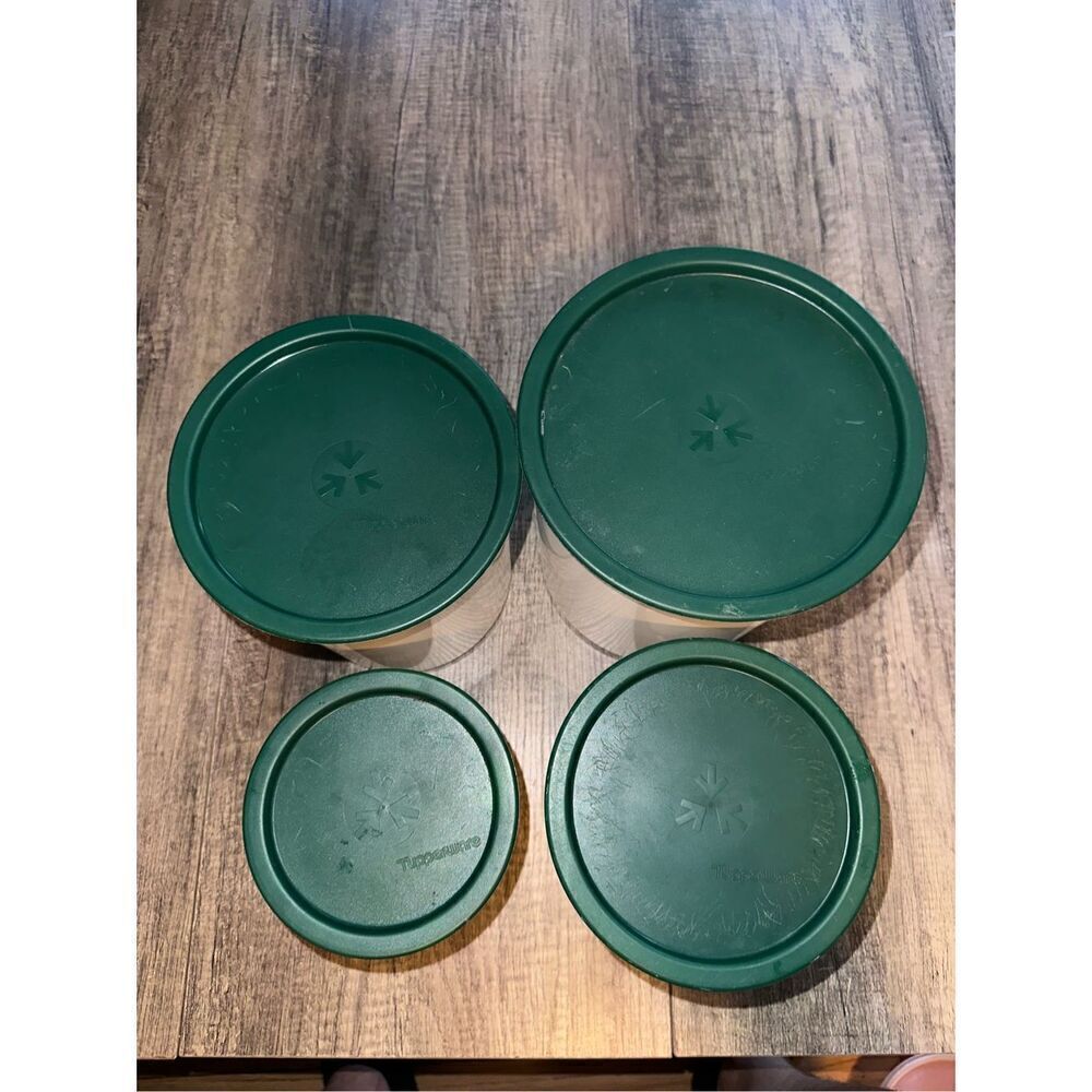 Tupperware White One Touch Canister Set of 4Hunter green lids